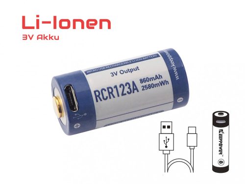 Keeppower P1634U1 RCR123A Micro USB 16340 3.0V 860mAh tölthető akkumulátor x2